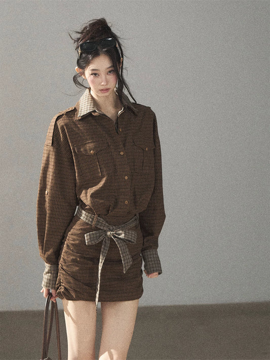 AOMALM - "A Promise Beneath the Oak" Crabapple Brown Plaid Shirt Dress with Belt