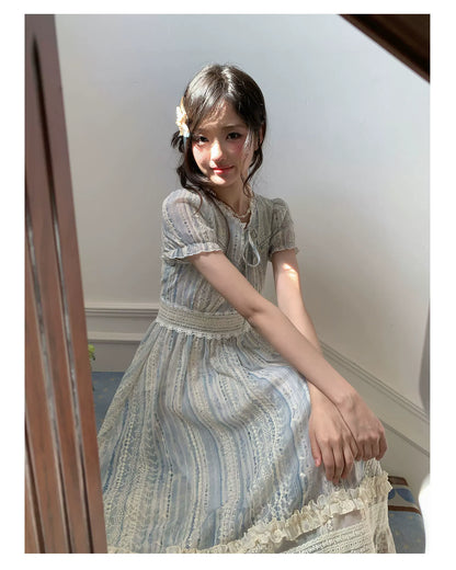 “Forest Dream Weave” Blue Lace Embroidered Maxi Dress