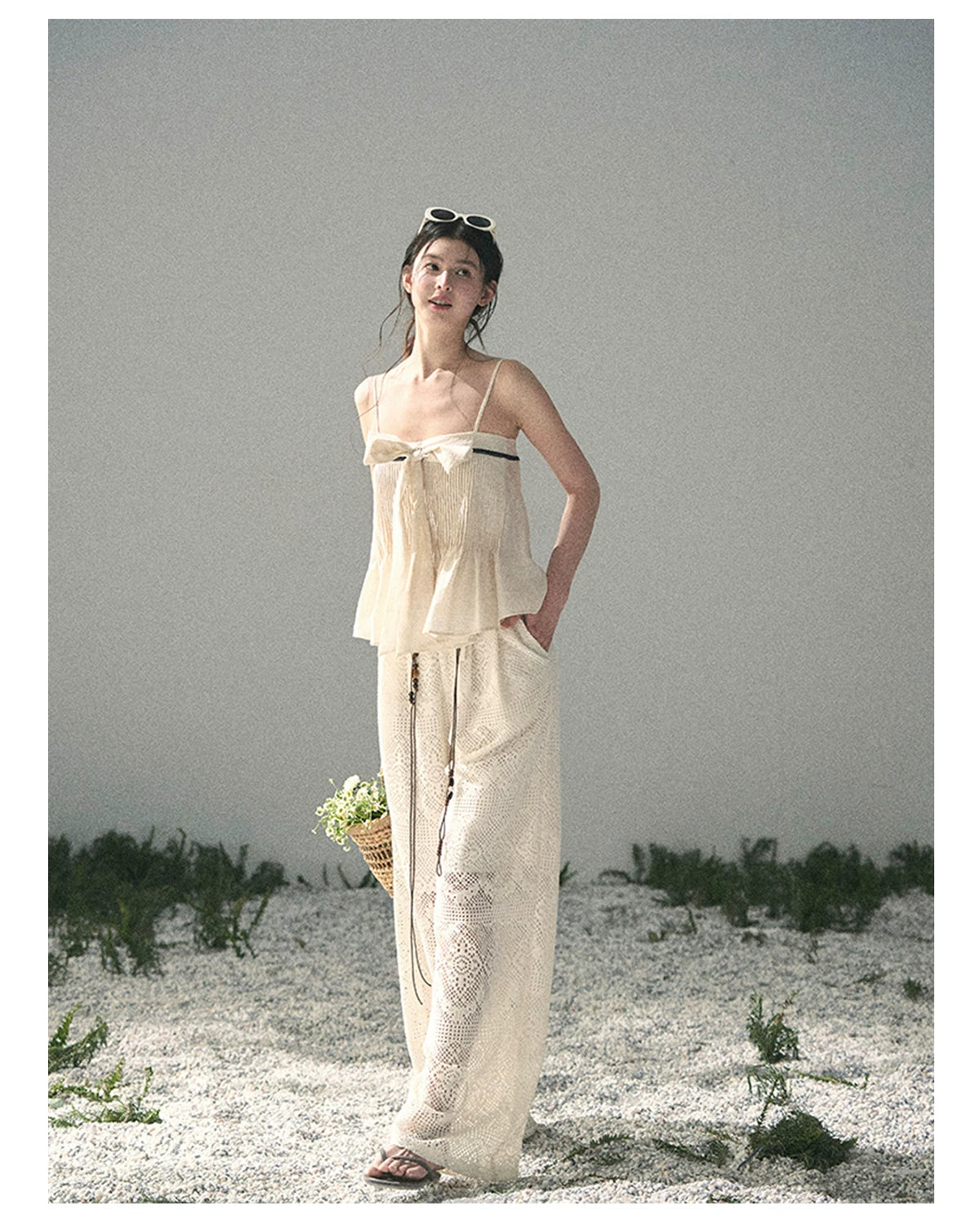 “Wandering Here” Milk Apricot Openwork Wide-Leg Pants