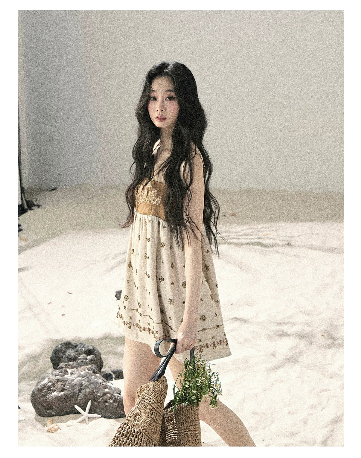 "Whispers Through the Wheat Fields" Oat Beige Floral Cami Babydoll Mini Dress