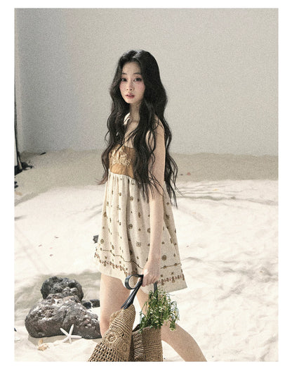 "Whispers Through the Wheat Fields" Oat Beige Floral Cami Babydoll Mini Dress