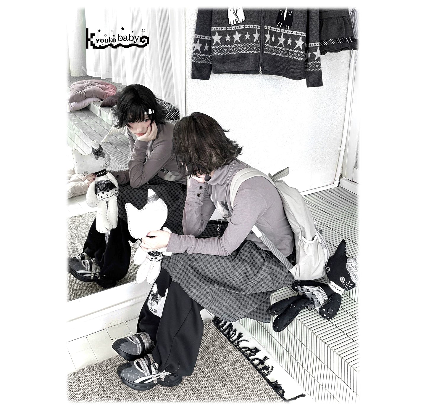 "Forgotten Corner" Mock Neck Gray Base Layer Top & Black Gray Plaid Skirt Set