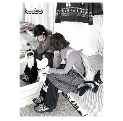 "Forgotten Corner" Mock Neck Gray Base Layer Top & Black Gray Plaid Skirt Set