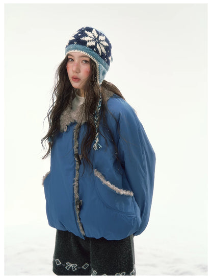 CANSTORE - "Cobalt Snowfall" Cobalt Blue Cropped Toggle Coat with Plush Trim