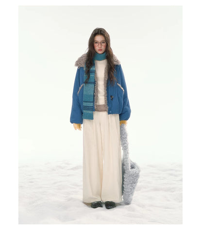 CANSTORE - "Cobalt Snowfall" Cobalt Blue Cropped Toggle Coat with Plush Trim