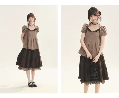 "Faded Bloom" Deep Brown Red Lace Trim Tiered A-Line Skirt