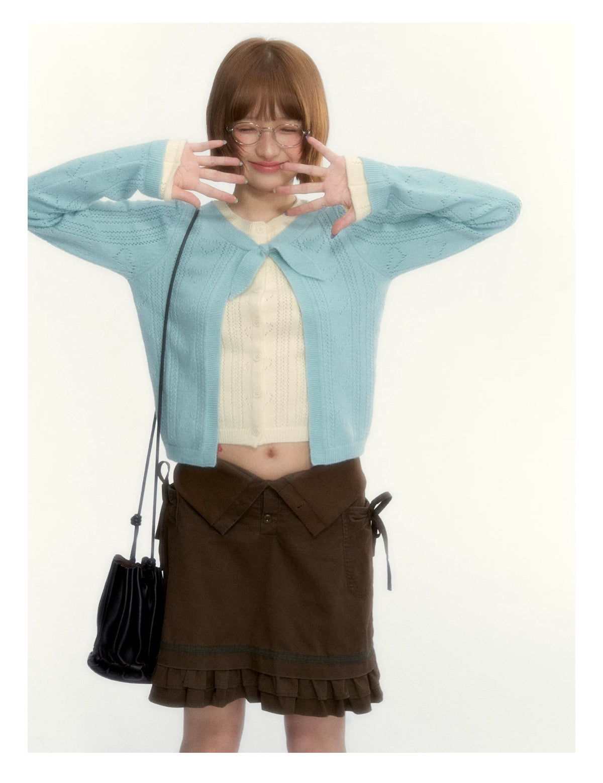 Korean Contrast Bow-Tie Layered Knit Cardigan (Blue / Purple)
