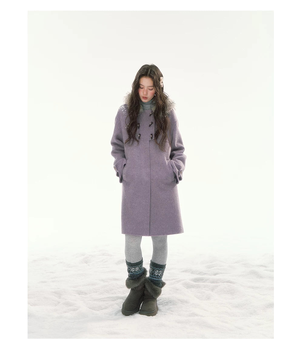 CANSTORE - "Wisteria Isle Lavender" Wool-Blend Hooded Coat with Detachable Faux Fur Collar