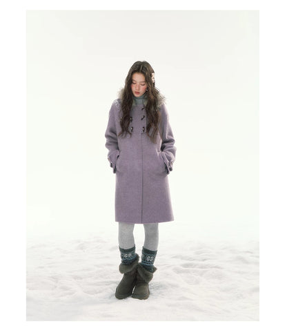 CANSTORE - "Wisteria Isle Lavender" Wool-Blend Hooded Coat with Detachable Faux Fur Collar