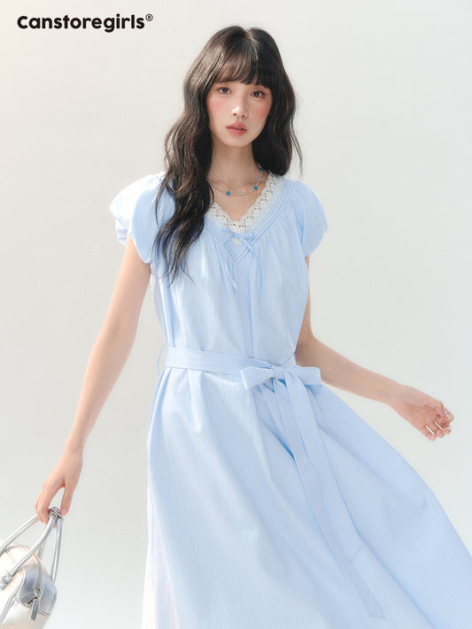 170726C "Cloud Daydream" Sky Blue Plaid Lace V-Neck Puff Sleeve Dress