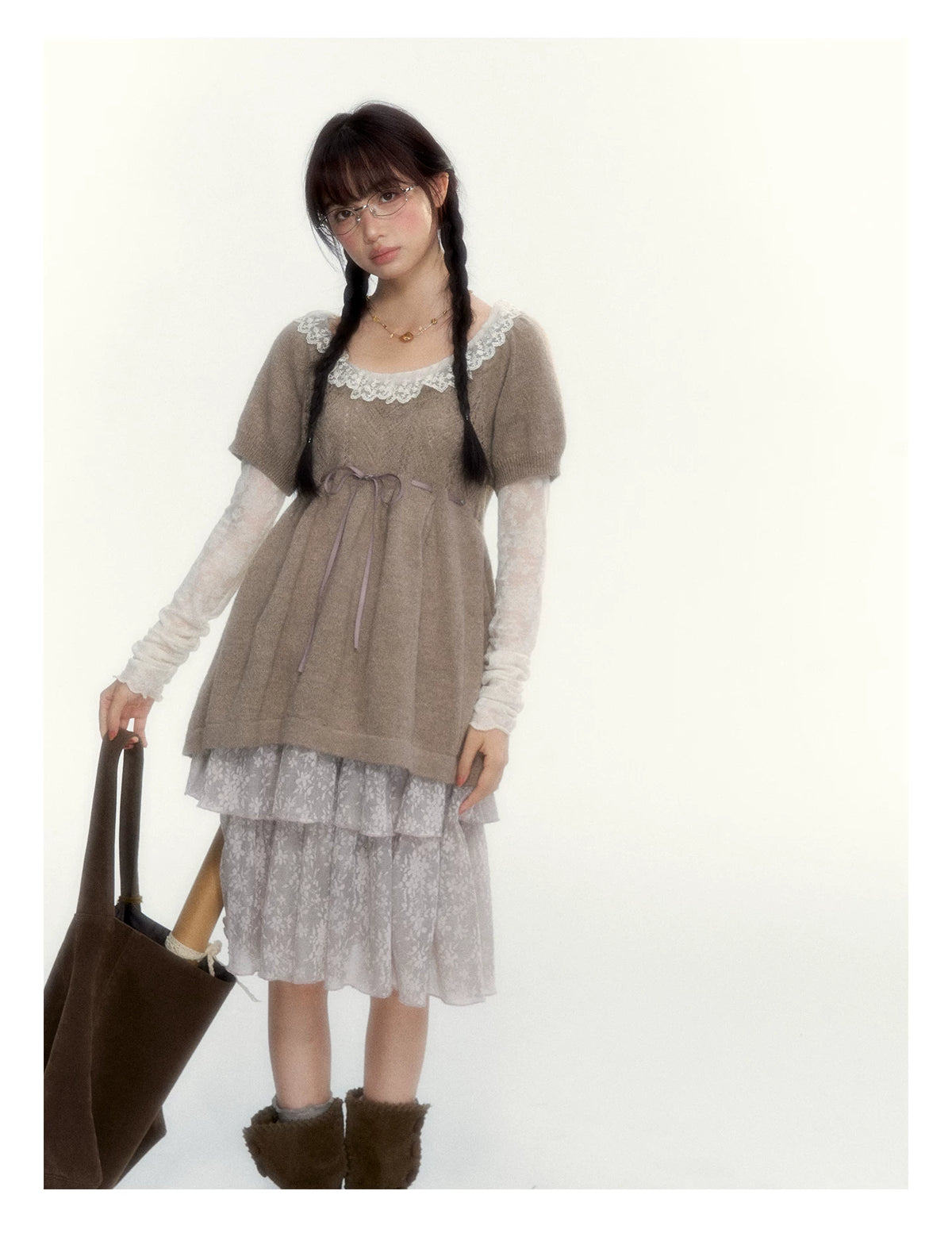 Misty Gray Pink Vintage Lace Tiered A-Line Skirt