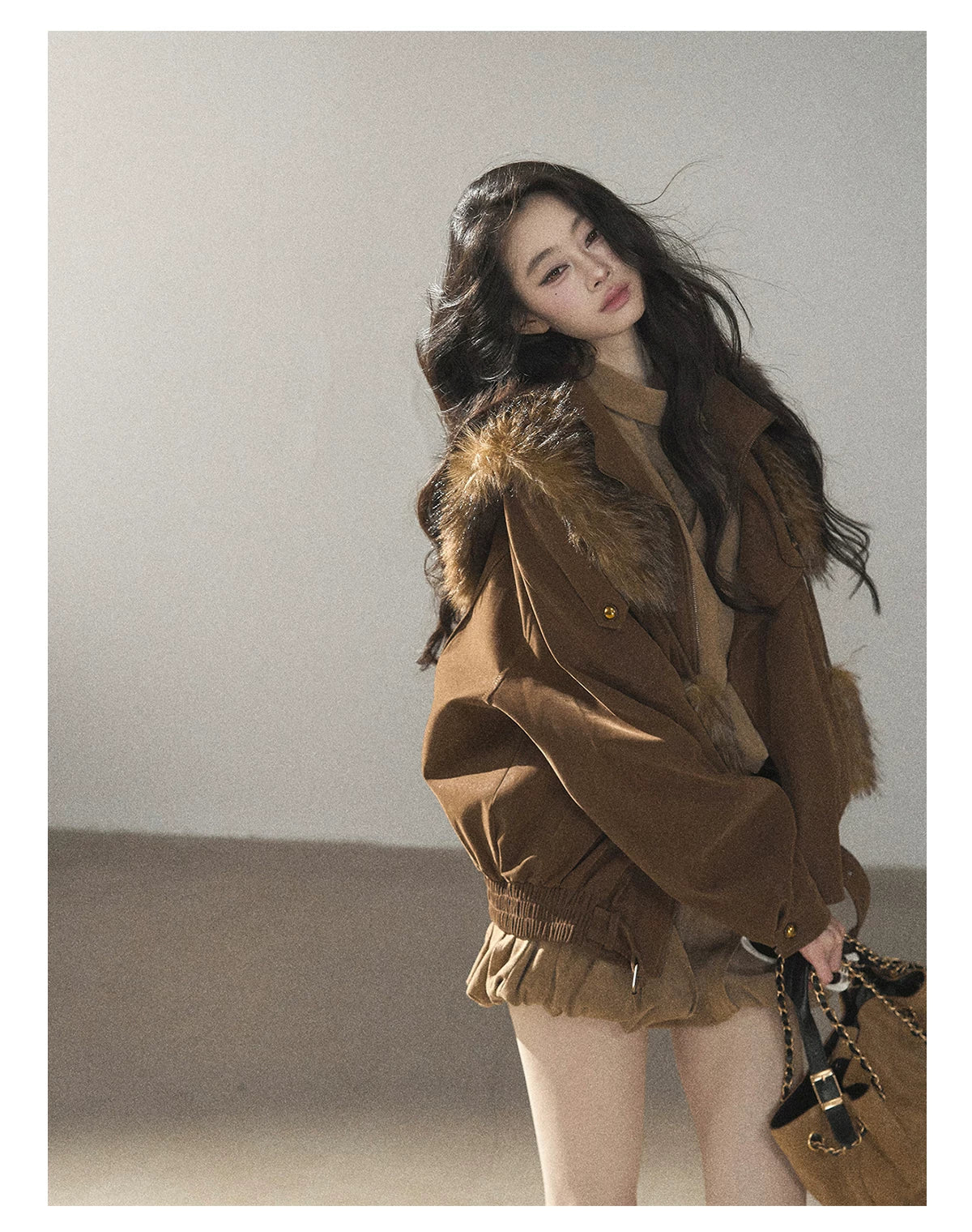 AOMALM - “Velvet Collar in the Evening Breeze” Chestnut Brown Faux Fur Shawl