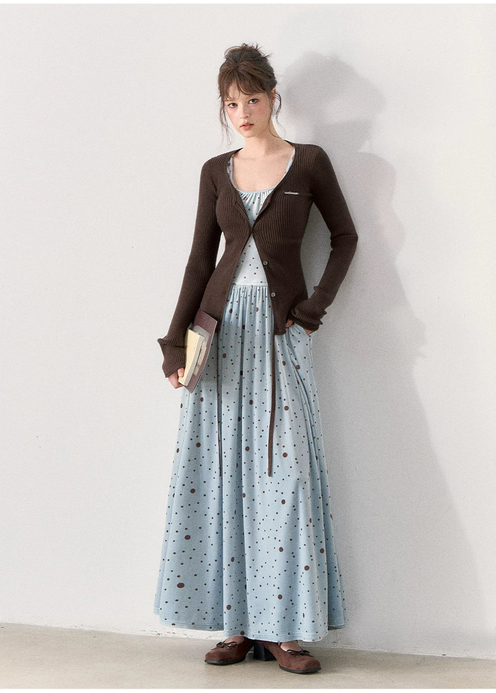 [TMMG] Vintage Polka Dot Velvet Dress & Fitted Ribbed Cardigan Set