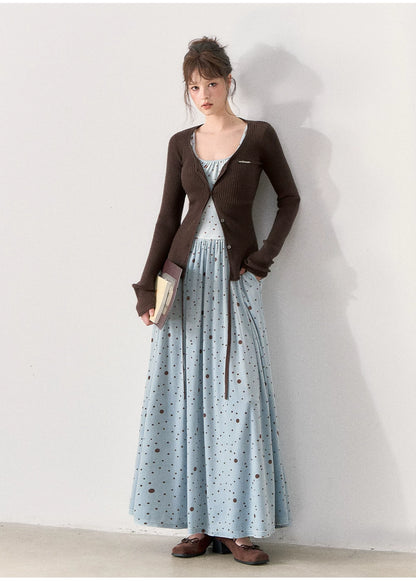 [TMMG] Vintage Polka Dot Velvet Dress & Fitted Ribbed Cardigan Set