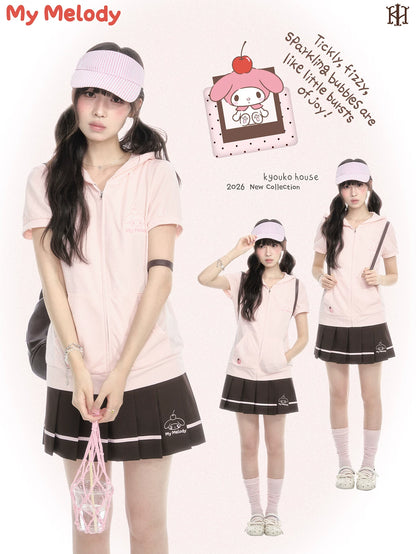 "Strawberry Daydream" Pink Hooded Zip-Up & Brown Skirt Set