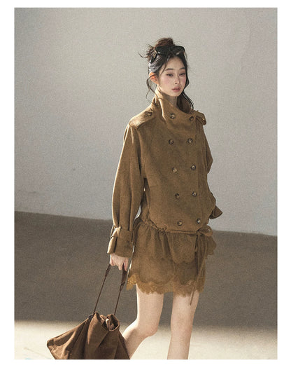 AOMALM - Sandstone Brown Faux-Suede Jacket & Lace-Trim Mini Skirt Set