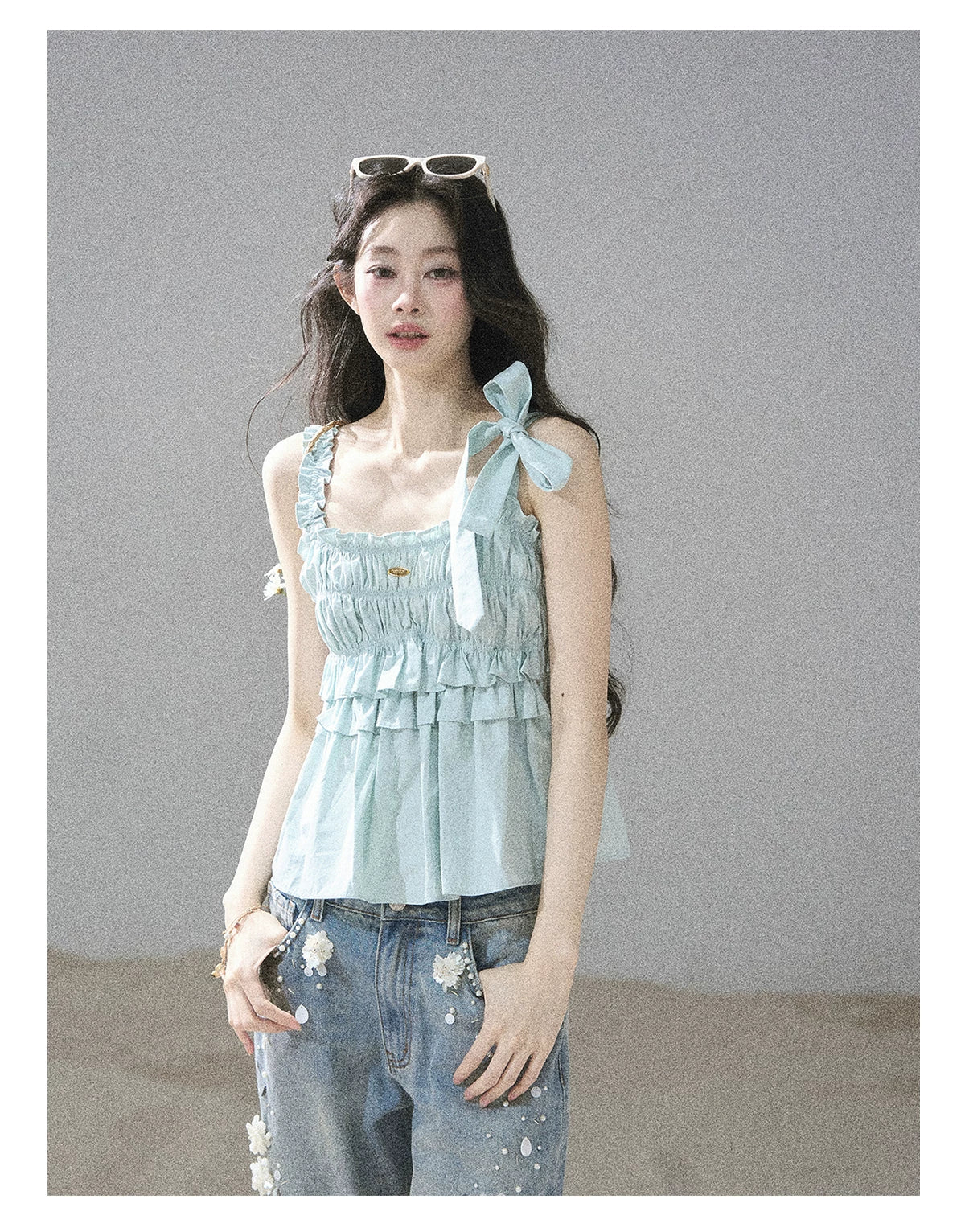 "Gentle Whisper" Glacier Blue Ruffle Peplum Cotton Top