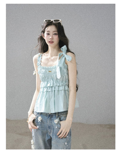"Gentle Whisper" Glacier Blue Ruffle Peplum Cotton Top