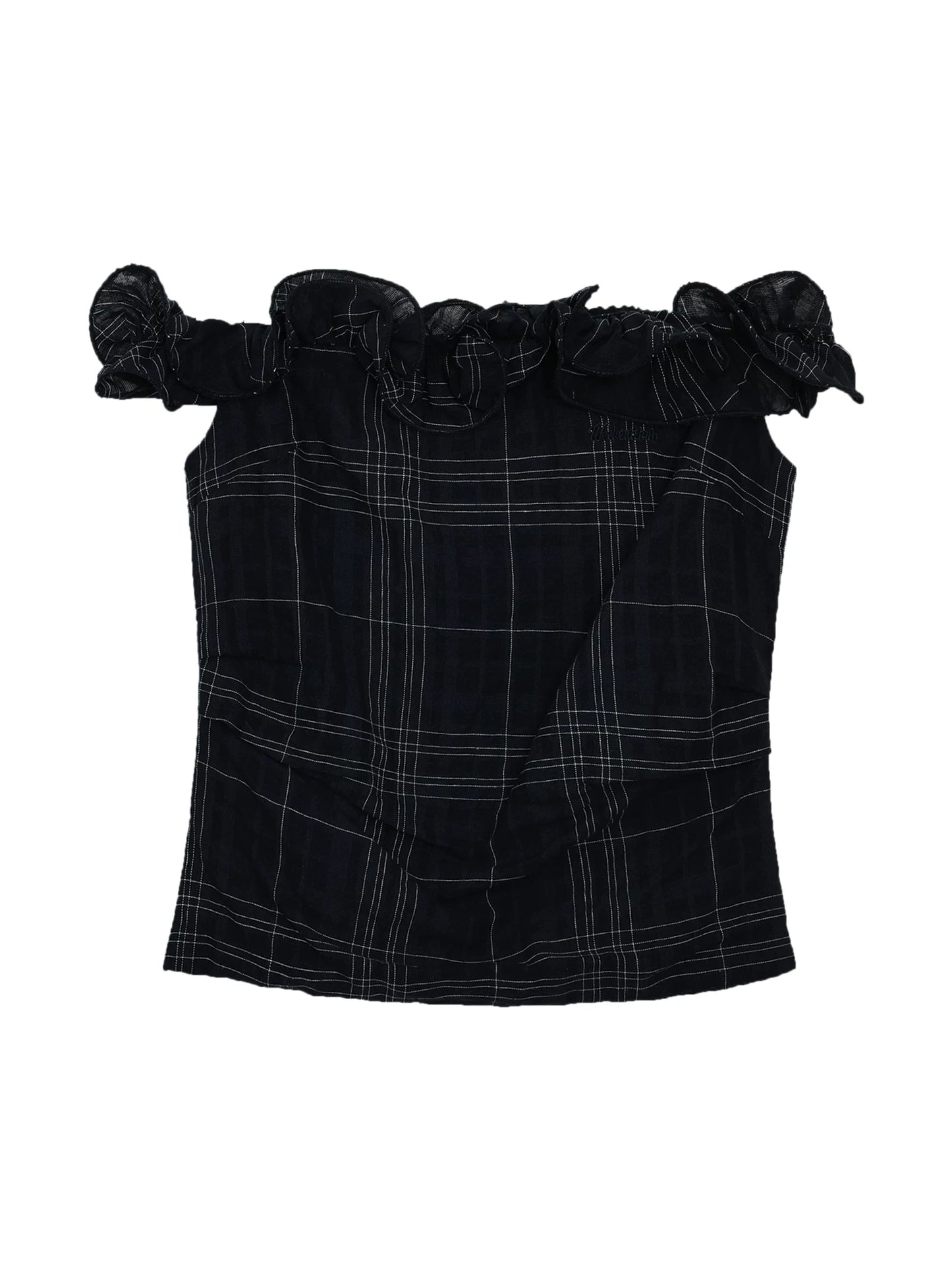 "Vintage Arrival" Navy Plaid Off-Shoulder Ruffle Top
