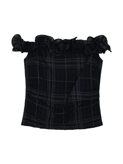 "Vintage Arrival" Navy Plaid Off-Shoulder Ruffle Top