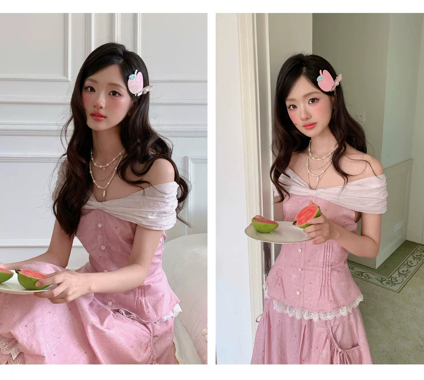 “Peach Mist Starlit Meadow” Pink Off-Shoulder Skirt Set