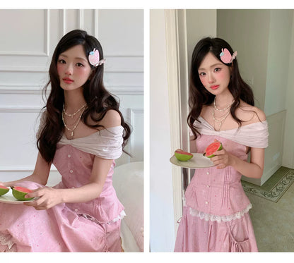 “Peach Mist Starlit Meadow” Pink Off-Shoulder Skirt Set