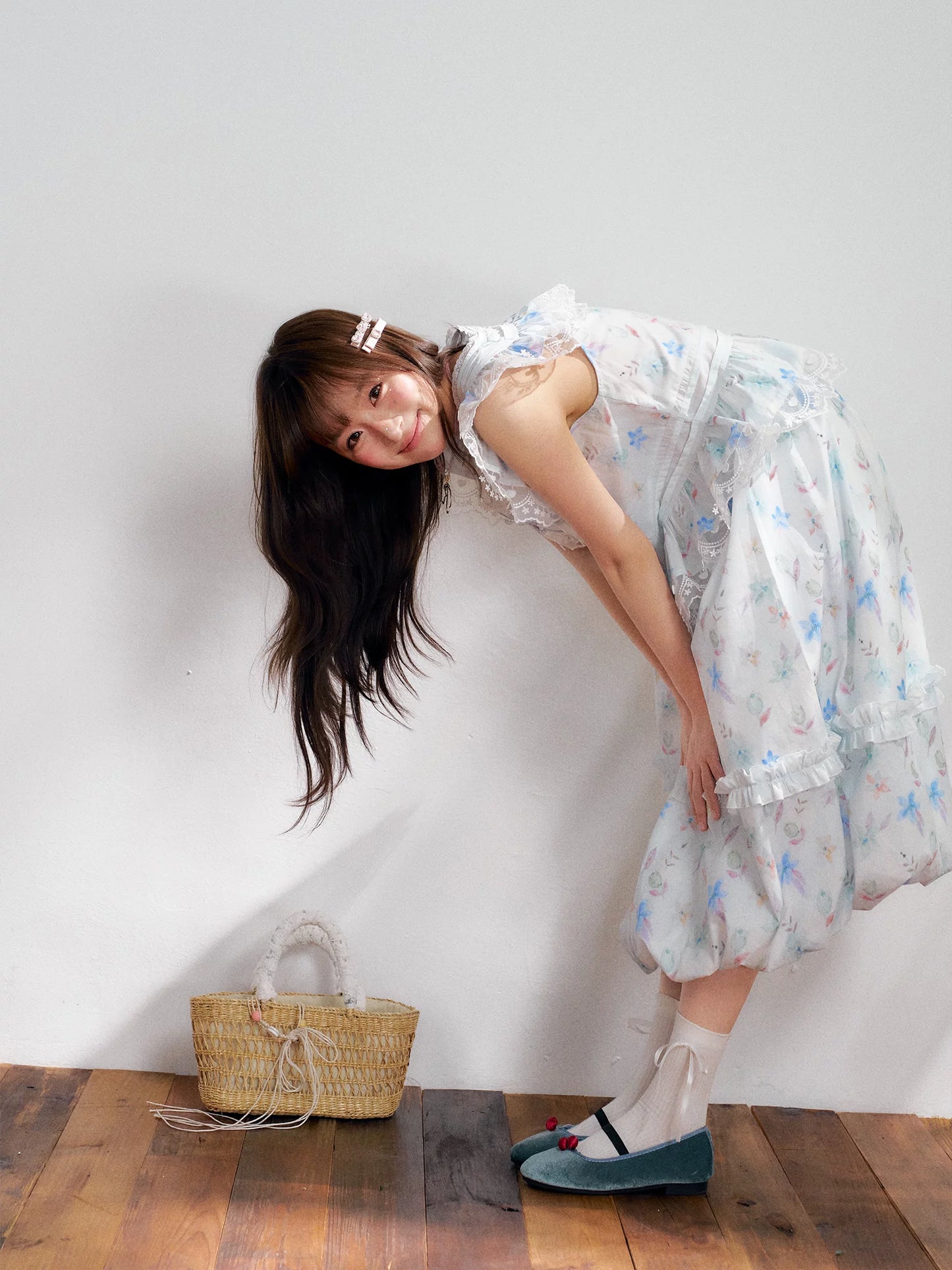 “Mint Blossom Isle” Blue Lace Trim Top & Bubble Hem Skirt