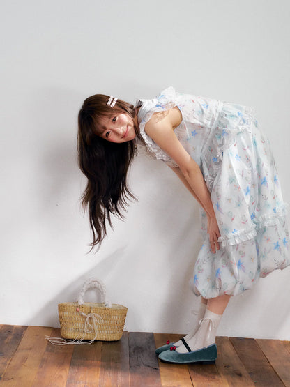 “Mint Blossom Isle” Blue Lace Trim Top & Bubble Hem Skirt