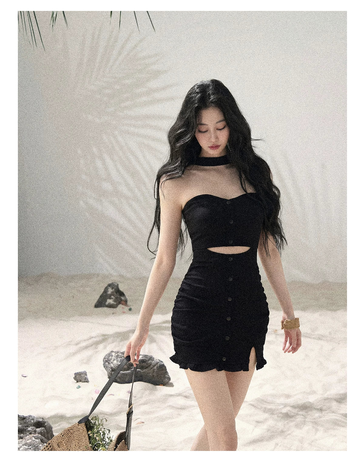 "Between Light and Shadow" Midnight Black Halter Knit Bodycon Mini Dress