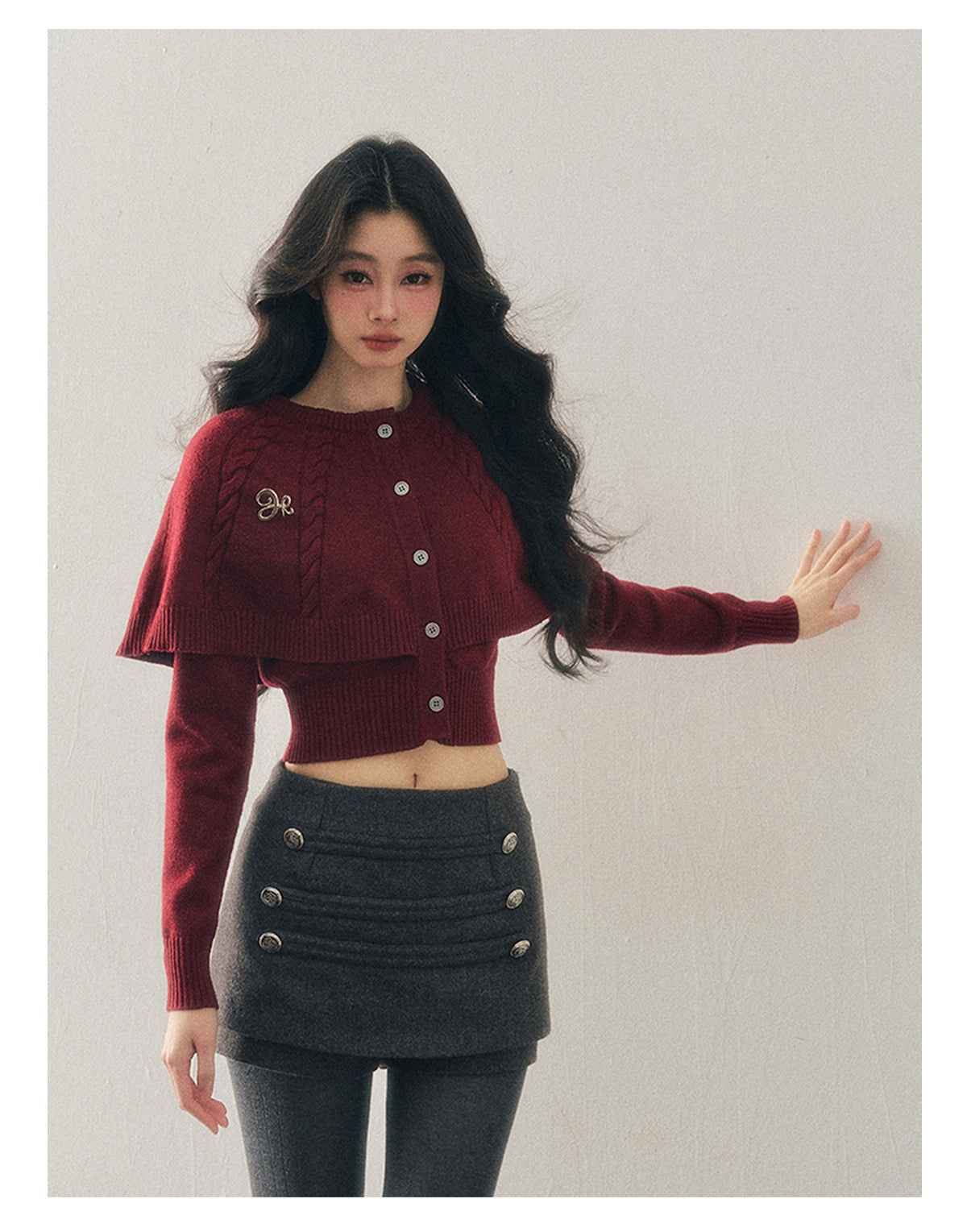 少也眼 "Miss Daisy" American Cable Knit Cape Sweater in Falu Red