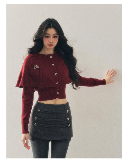 少也眼 "Miss Daisy" American Cable Knit Cape Sweater in Falu Red