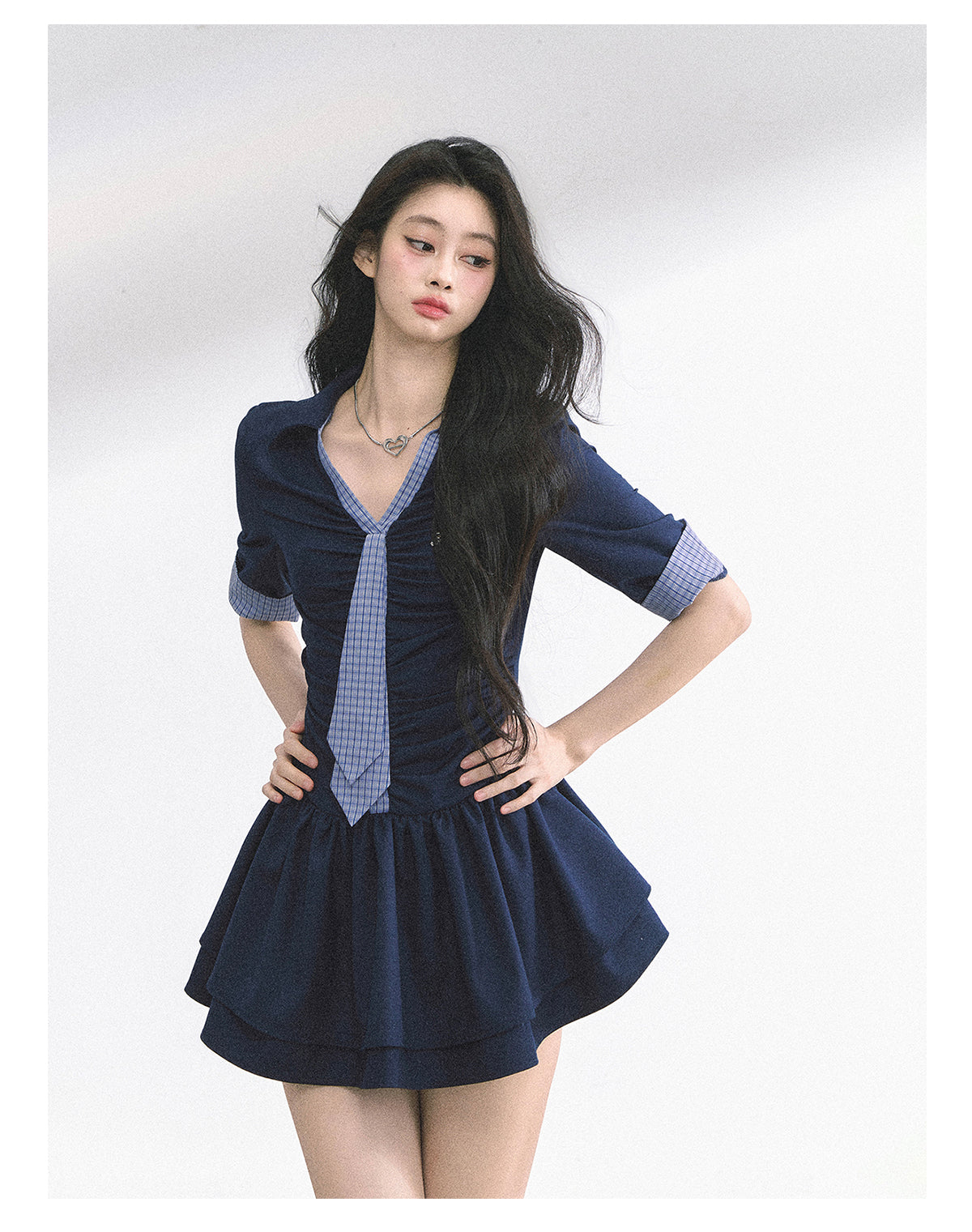 少也眼 "London Chronicle" Structured Plaid Puff-Sleeve Mini Shirt Dress - Navy Blue