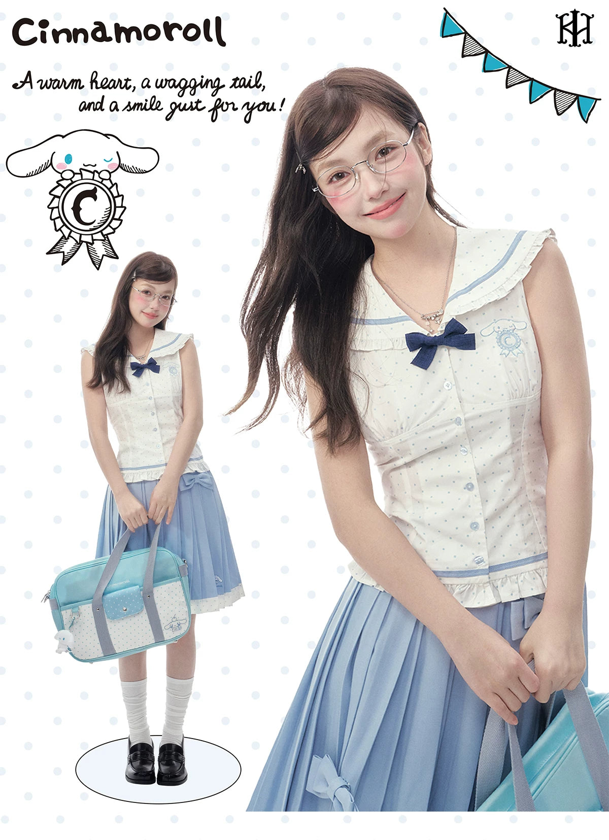 Sleeveless Polka Dot Sailor Collar Shirt & Light Blue Contrast-Trim Skirt