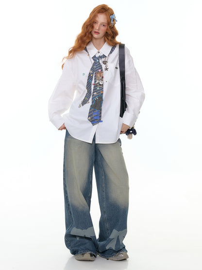 ZiziFei - Bow Embroidered High-Waisted Denim Jeans