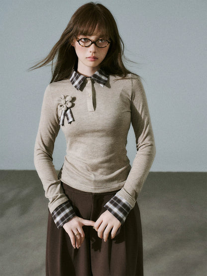 LOST FOREST - Brown Plaid Layered Knit Top with Detachable Brooch