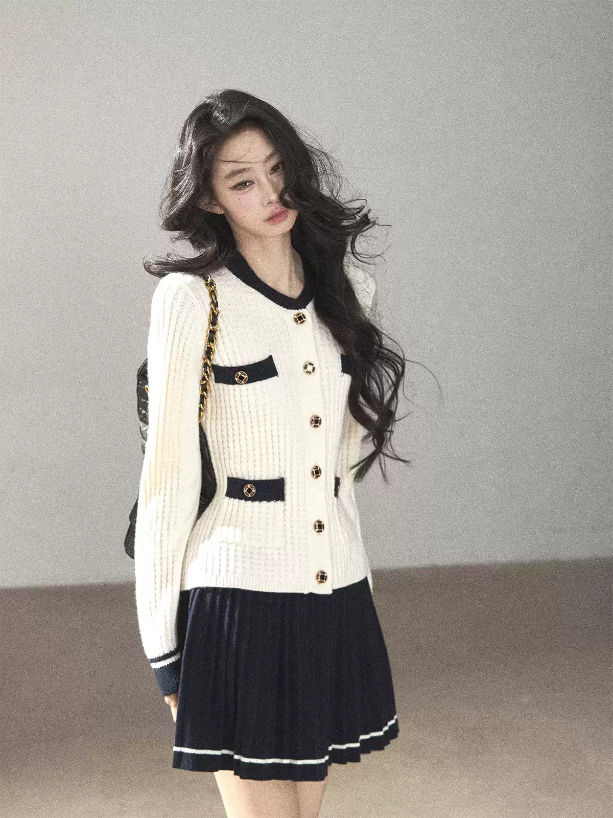 AOMALM - Creamy Off-White Cardigan & Navy Mini Skirt Set