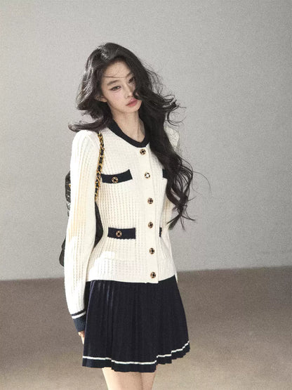 AOMALM - Creamy Off-White Cardigan & Navy Mini Skirt Set