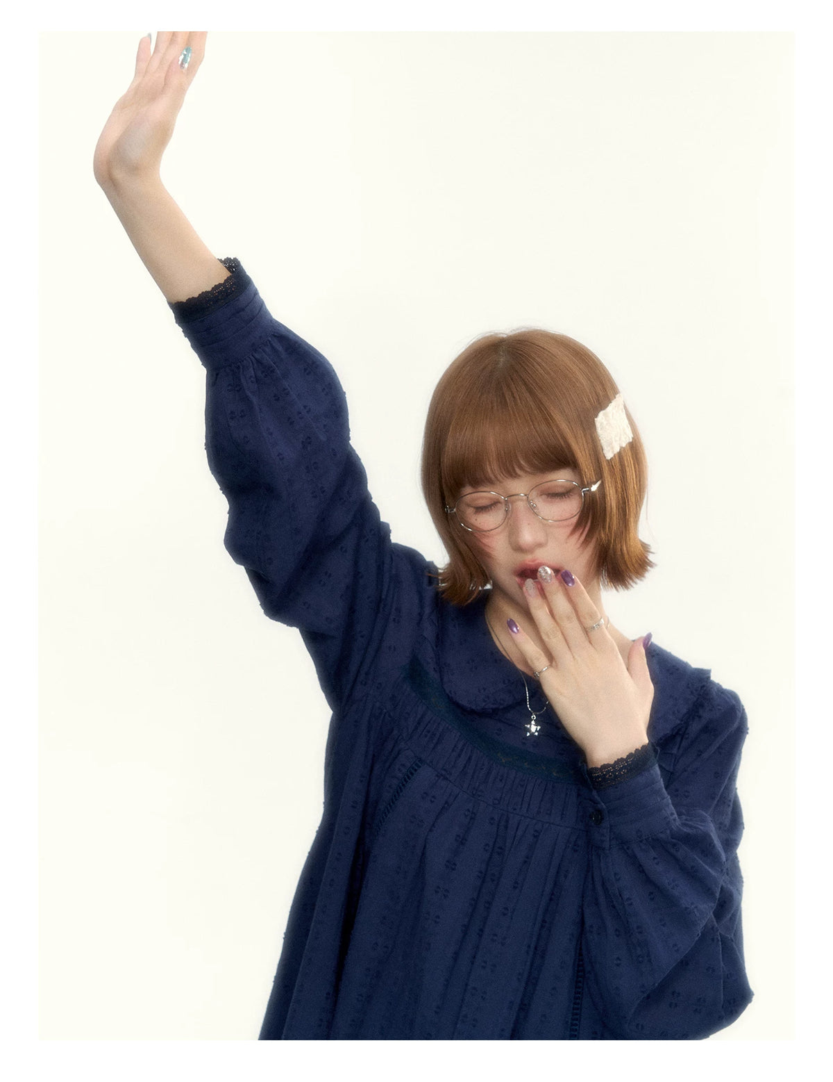 “Vintage Ribbon” Navy Peter Pan Collar Lace-Trimmed A-Line Dress