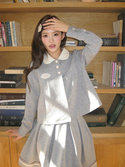 “Misty Academy Reverie” Light Grey Cropped Top & Bubble Mini Skirt
