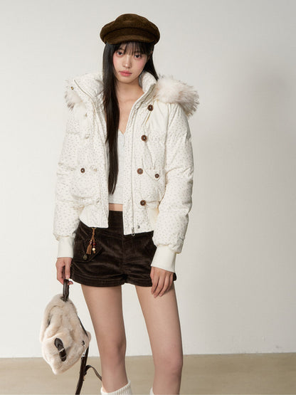 Soote Season - White Floral Faux Fur Collar Cropped Hooded Down Jacket