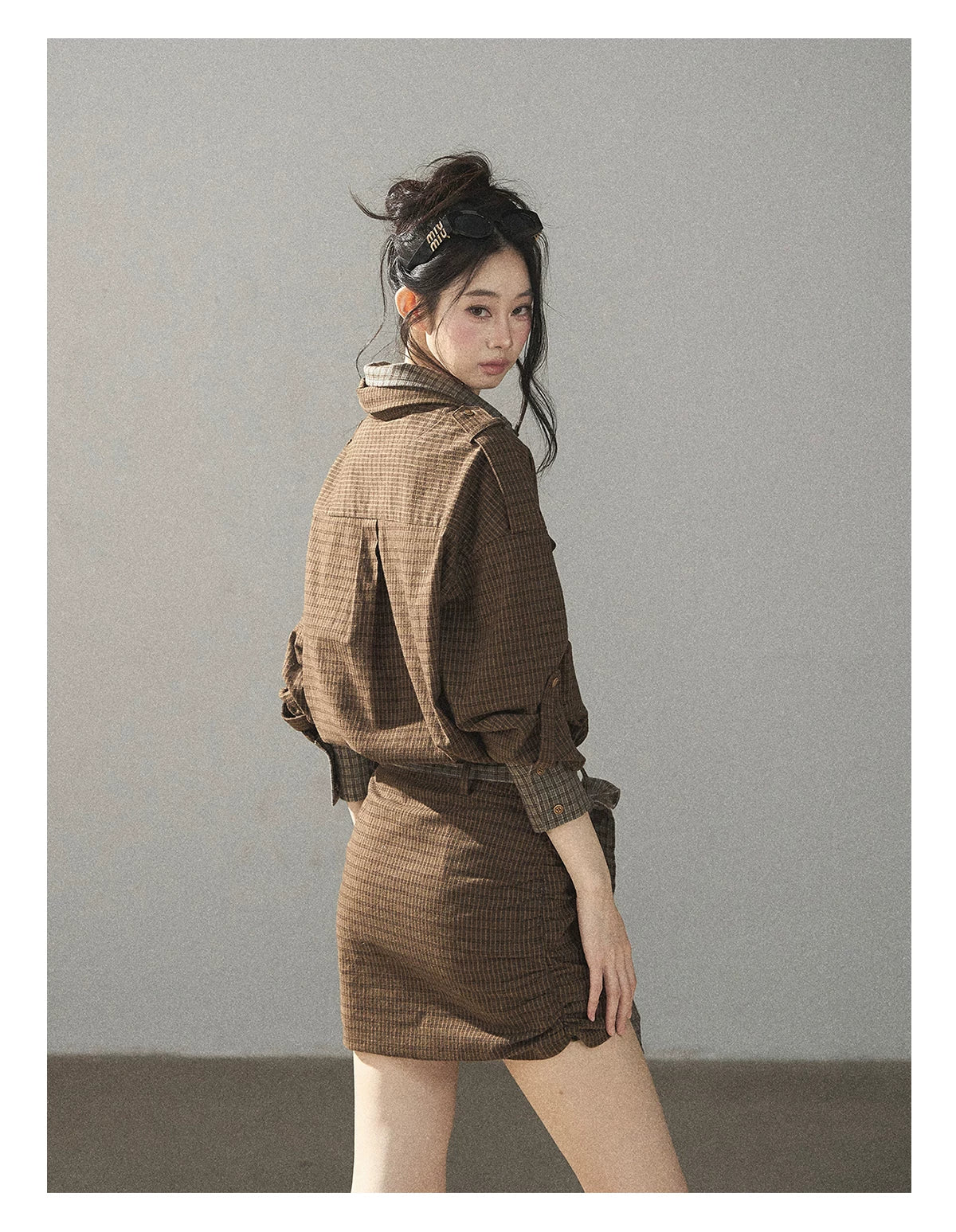 AOMALM - "A Promise Beneath the Oak" Crabapple Brown Plaid Shirt Dress with Belt