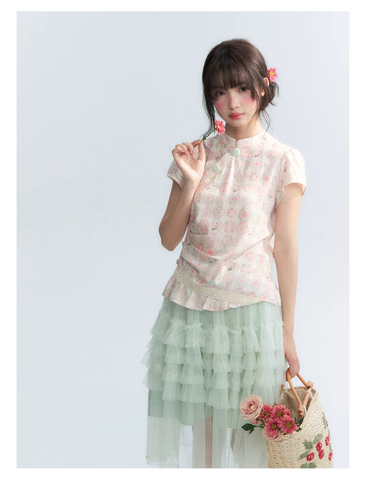"Lime Mille-Feuille Glow" Peach Mist Chinese-Inspired Short Sleeve Top & Lime Green Tulle Tiered Skirt Set