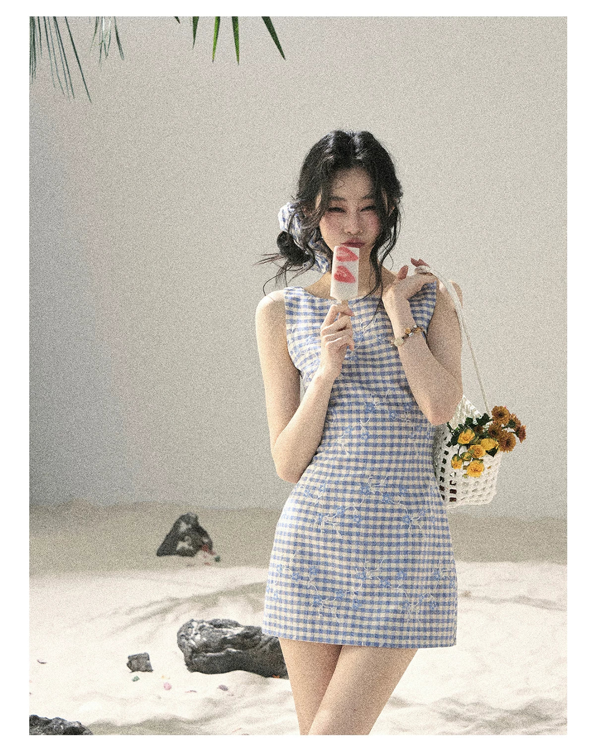 "Sea Breeze Reverie" Sky Blue Embroidered Plaid Mini Dress (With Matching Scrunchie)