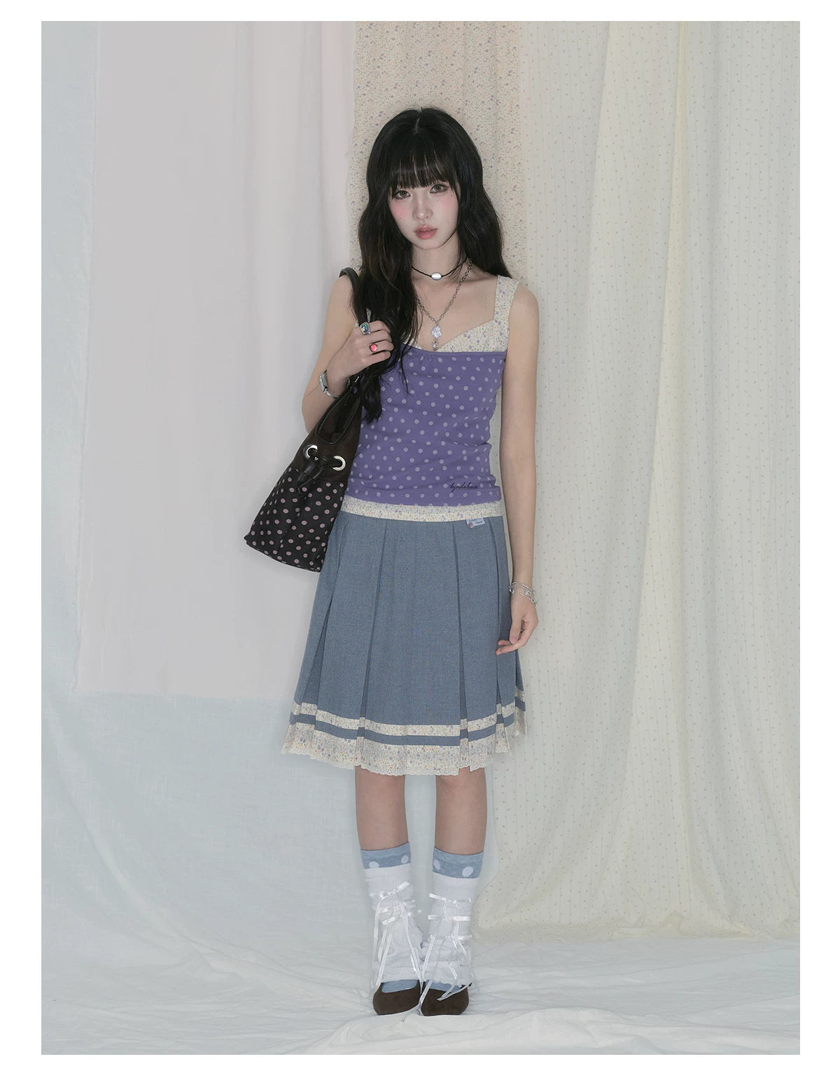 "Lavender Daydream" Layered Collection (Cami Top / Tie Cardigan / Pleated Midi Skirt / Mesh Overlay Skirt / Vintage Jeans)