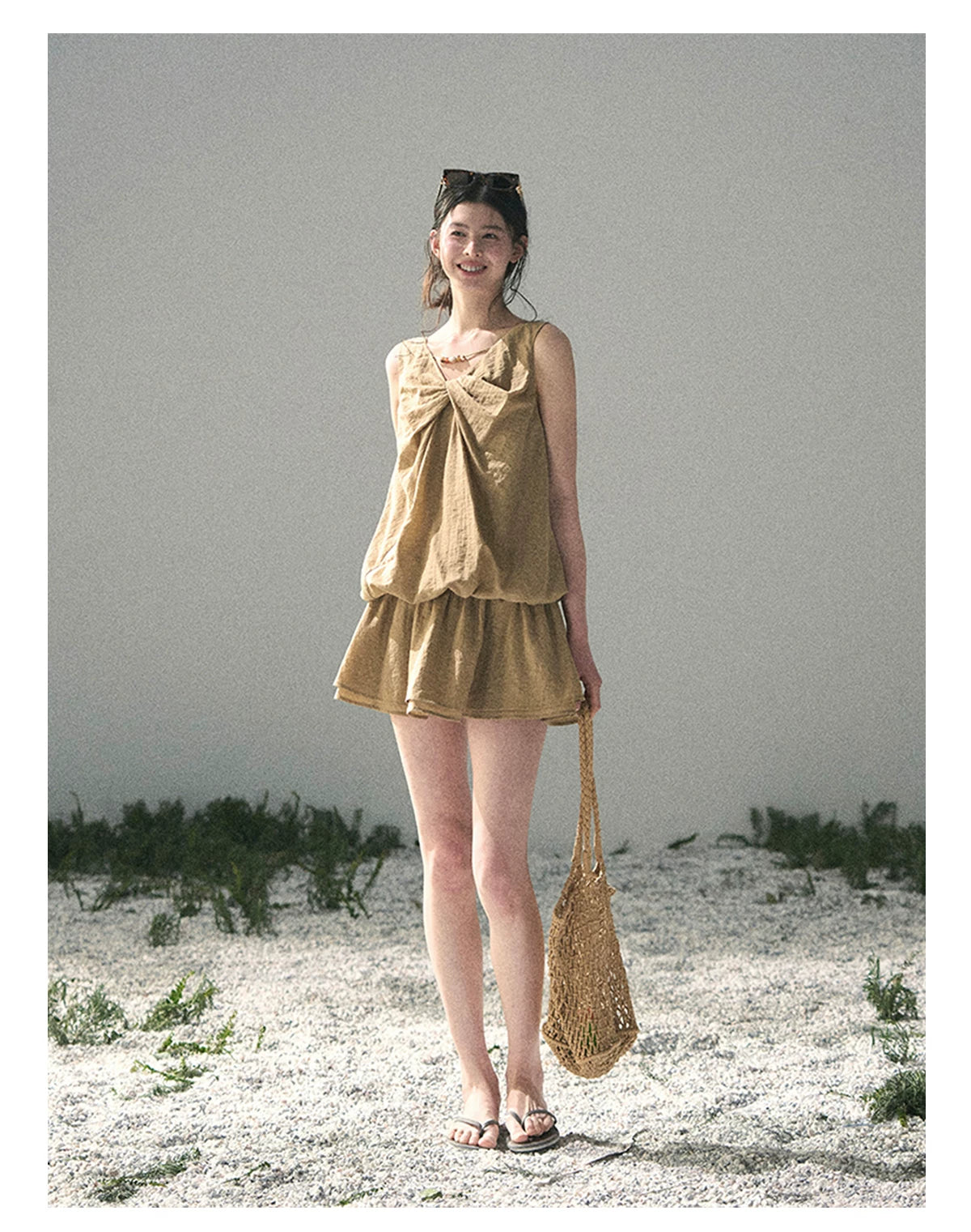 “Whispering Grass” Milk Tea Twist Mini Dress