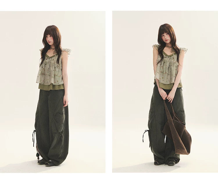 "Enchanted Forest" Moss Green Floral Lace Ruffle Cami Top