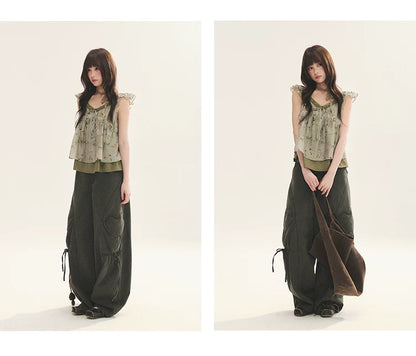 "Enchanted Forest" Moss Green Floral Lace Ruffle Cami Top