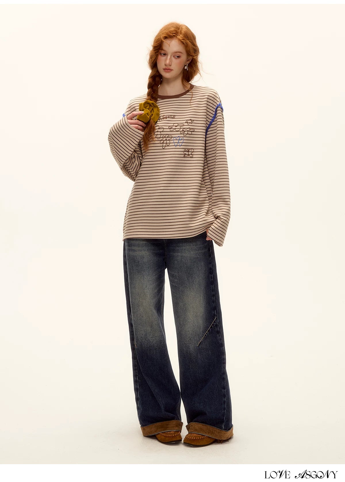 ASGONY - Striped Contrast Embroidered Shell Stitch T-Shirt