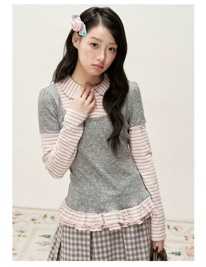 [RF] Floral Gray Pink Faux Two-Piece Striped Layered Blouse with Peter Pan Collar