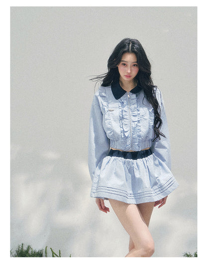 “English Manor” Plaid Cropped Top & Bubble Mini Skirt Set